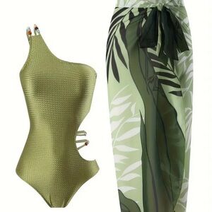 Olive Green One Piece Shoulder Swimsuit Women’s M w/Waist Wrap